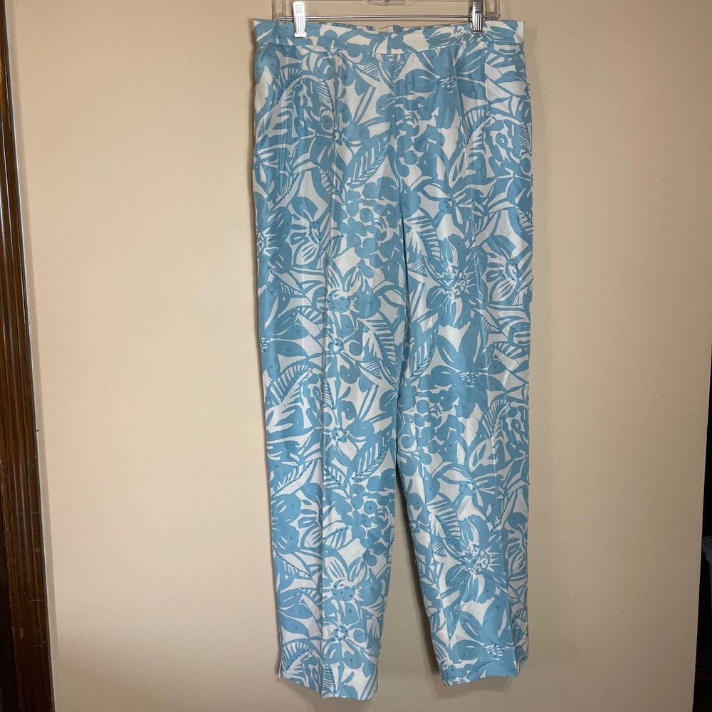 Adrianna Papell Woman Blue White Floral 100% Silk Beaded Pants Trousers 16W